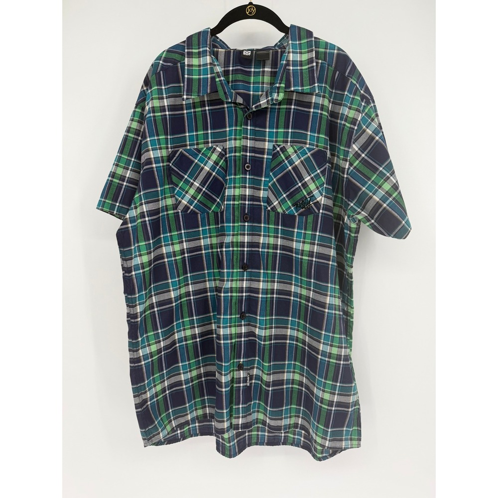Rusty Mens XXL‎ Short Sleeve Plaid Button Down Shirt Green Blue Surf J11104701